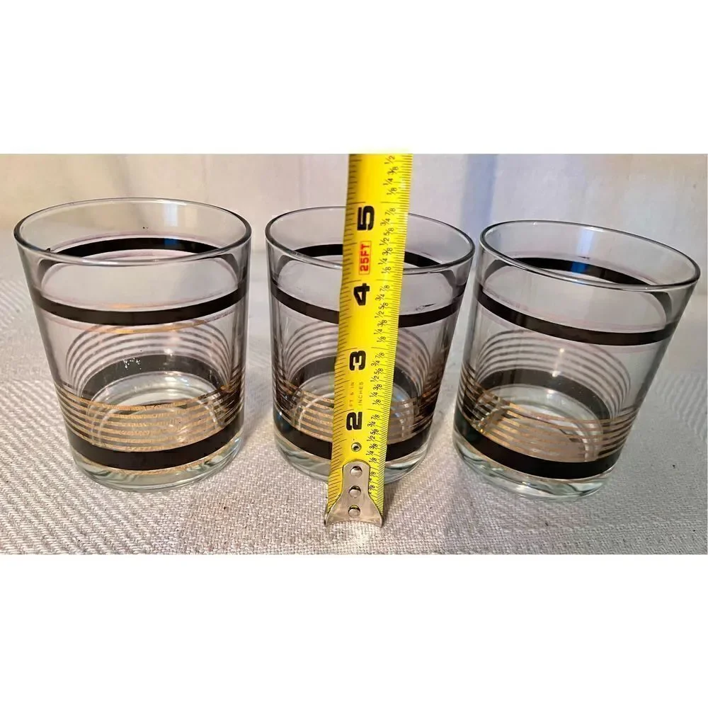 VTG SET 3 MCM Black & Gold Stripe STRIPED Low Ball Rocks Bar Glasses Whiskey